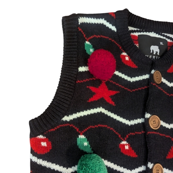American Stitch vest size large ugly Christmas sweater pom pom balls cardigan XL - Picture 5 of 7